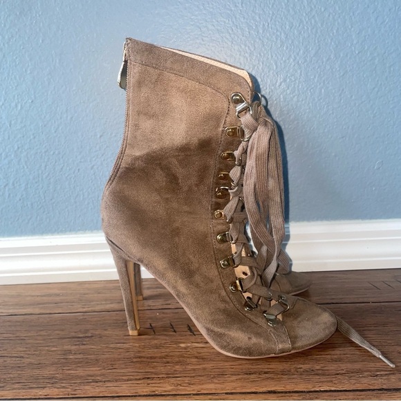 Taupe 🍁 Suede lace up heels fall heels stiletto pumps zipper heels - Picture 5 of 11
